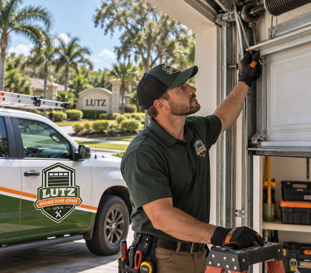 Technician inspecting a residential sectional garage door and opener rail in Lutz