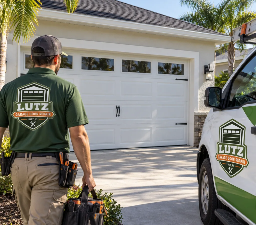 Newly installed modern steel garage door on a single-family home in a Florida suburb