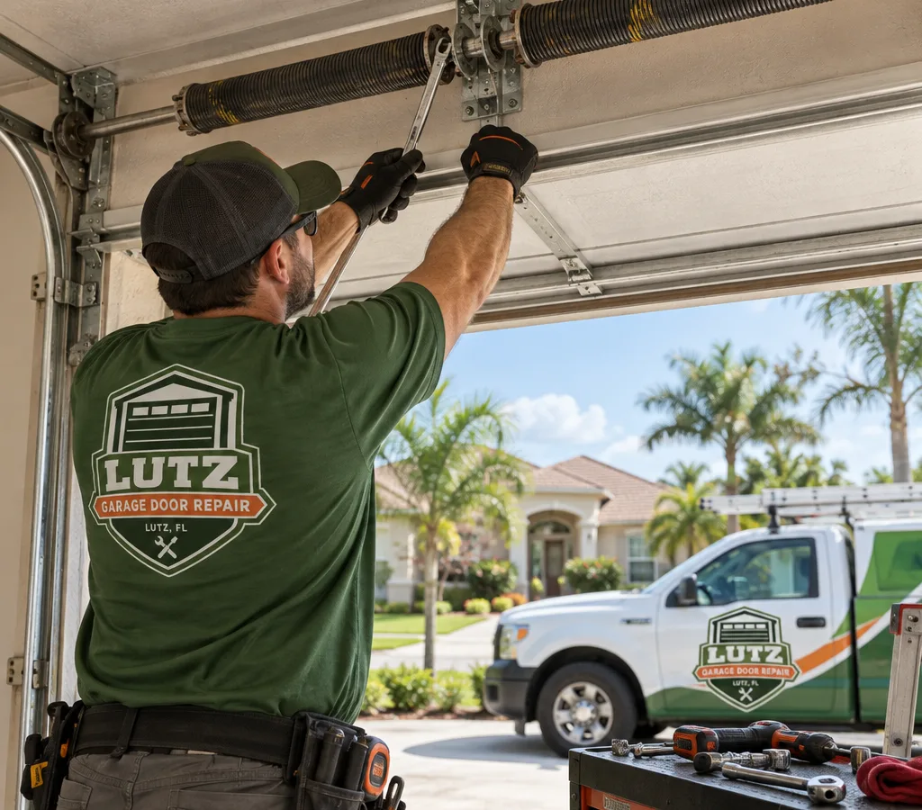 Technician safely replacing a residential garage door torsion spring using winding bars and safety gear