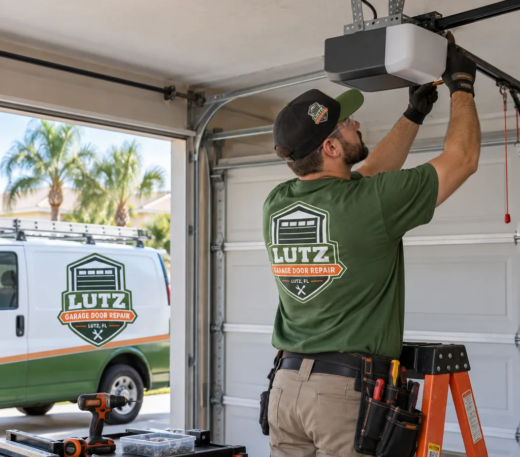 Technician installing a modern belt-drive garage door opener on a ceiling-mounted rail with visible sensor wiring and clean mounting hardware