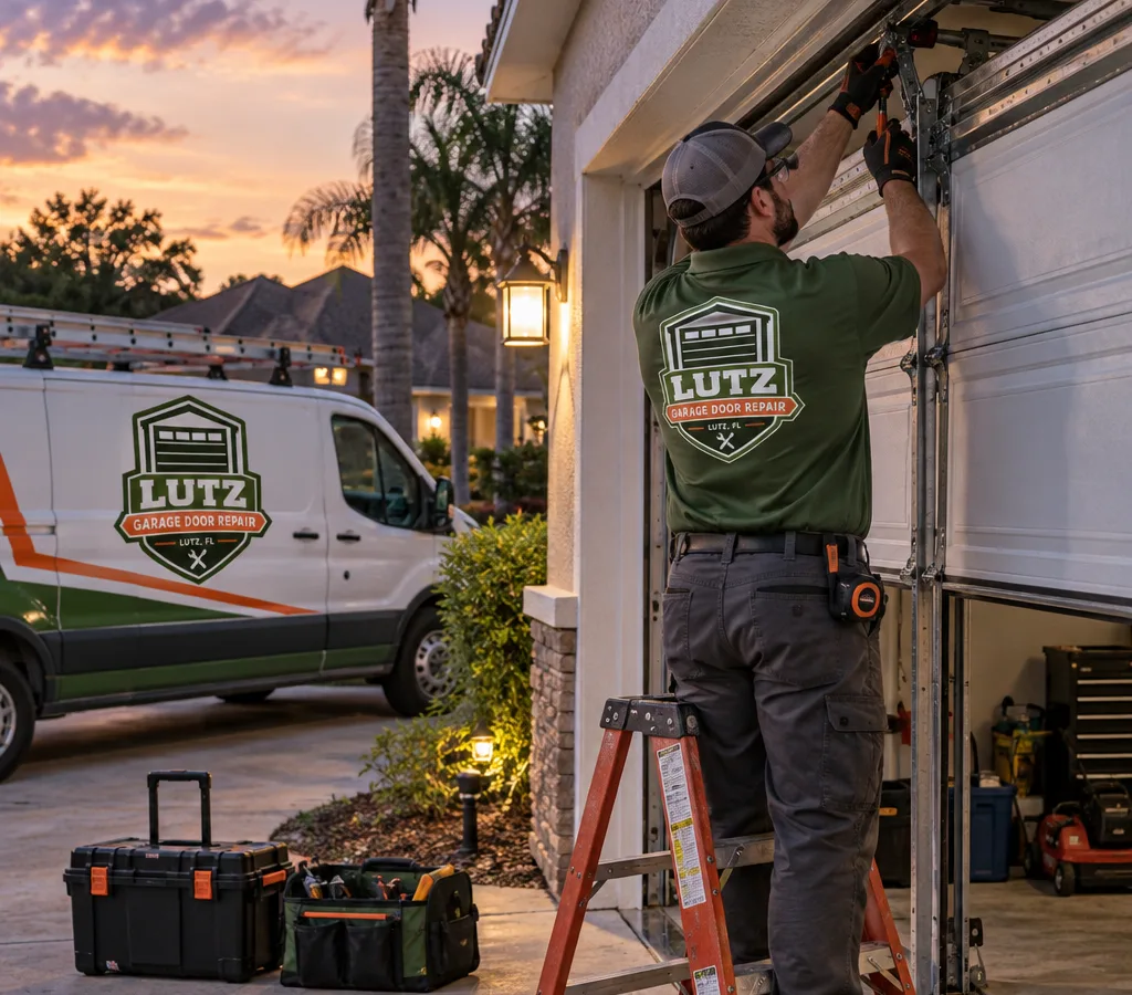 Residential garage door partially open at night with technician tools in the foreground