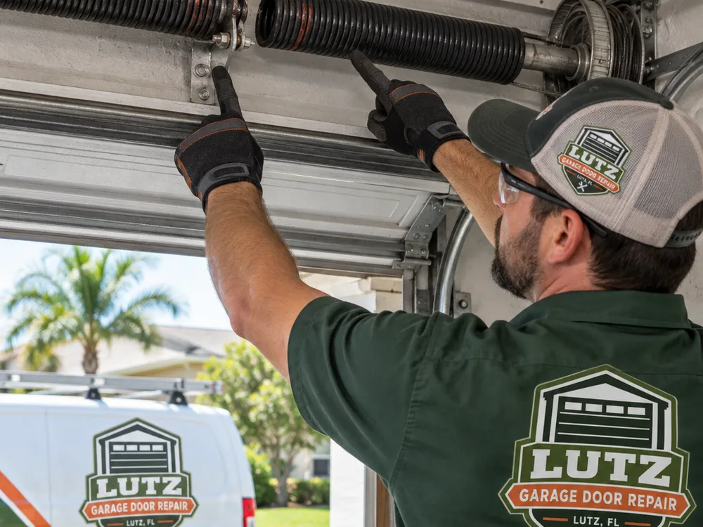 Technician inspecting a frayed garage door cable near a torsion spring and cable drum