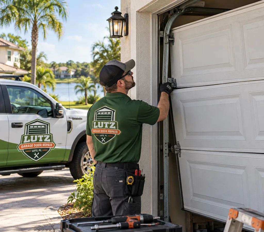 Residential sectional garage door sitting crooked with a technician guiding it back into alignment